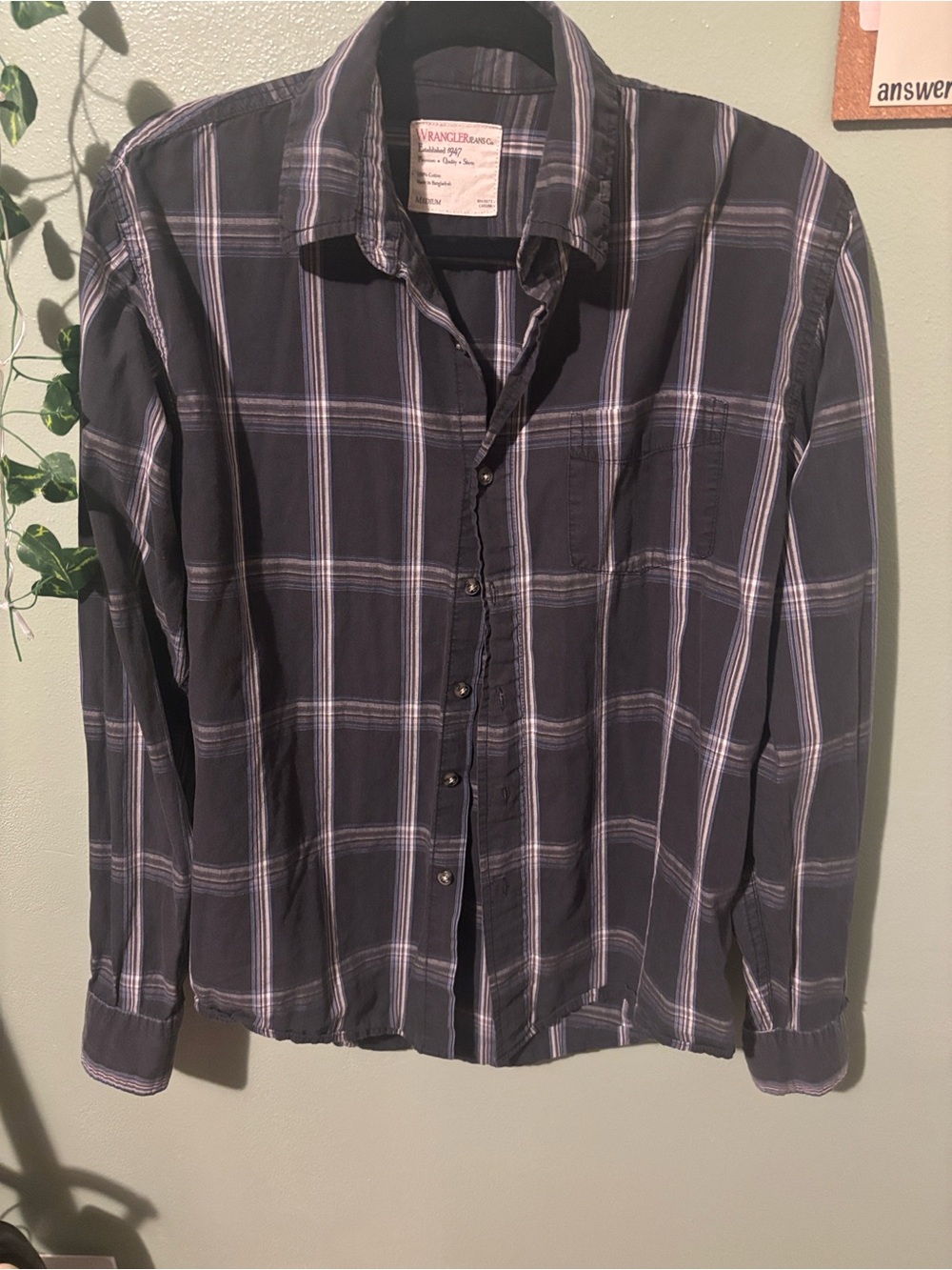 Wrangler Dark Gray and White Plaid Button-Down Shirt